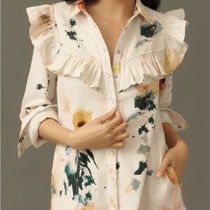 Pilcro Long-Sleeve Ruffled Denim Mini Shirt Dress Size XXS //p2p 16’ length 32’